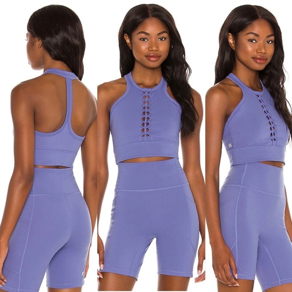 Le Ore Lucca Set: Smokey Amethyst High Rise Pocket Short + Racer Back Bra $136 - Picture 2 of 16